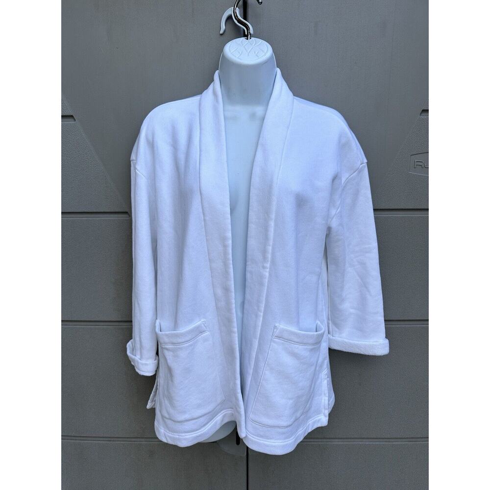 Eileen Fisher White Organic Cotton Open Front Pockets Boxy Jacket Cardigan XS